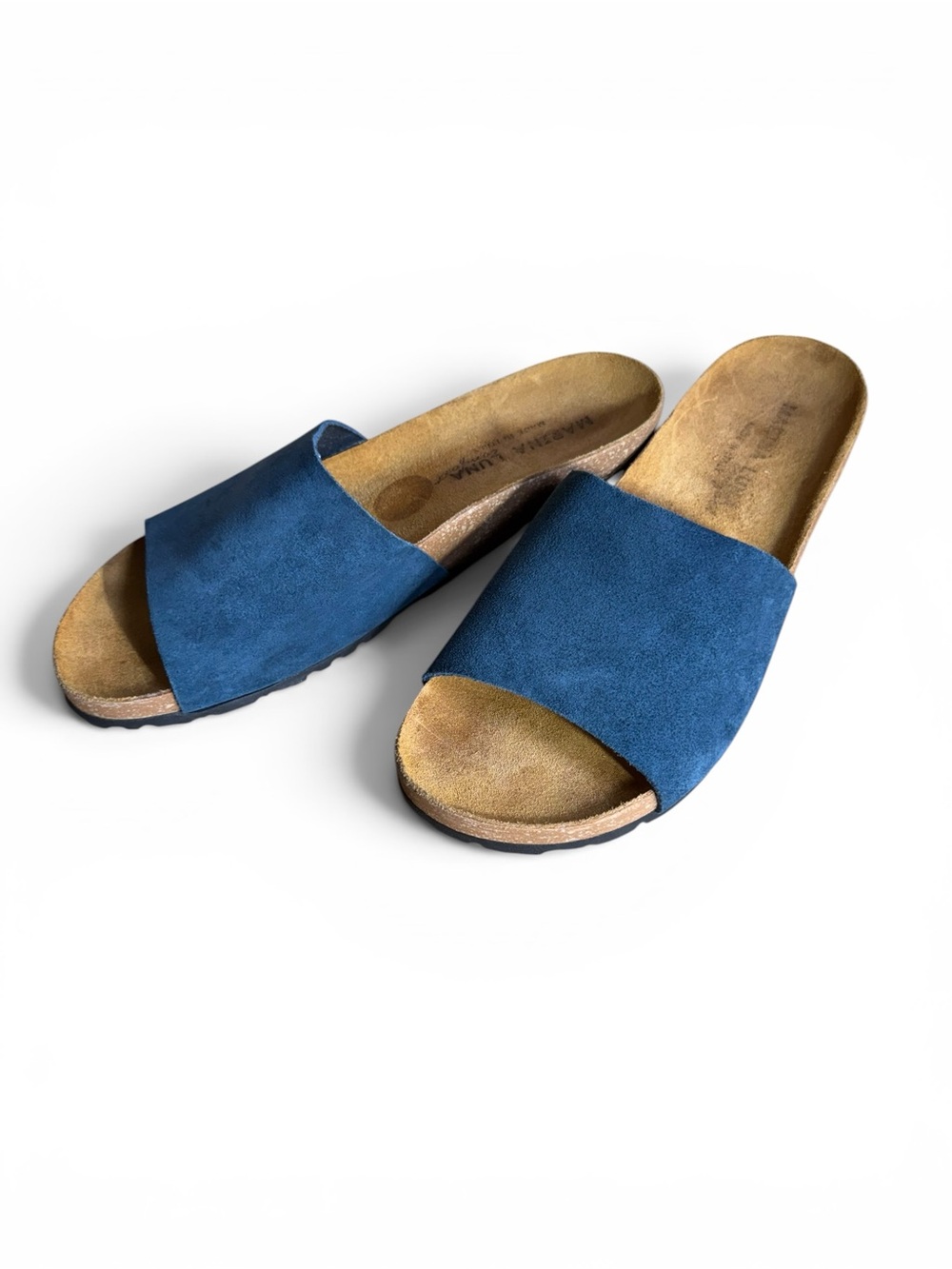 Marina Luna Comfort Blue Suede Cork Wedge Sandals Size 7.5 Made In Italy